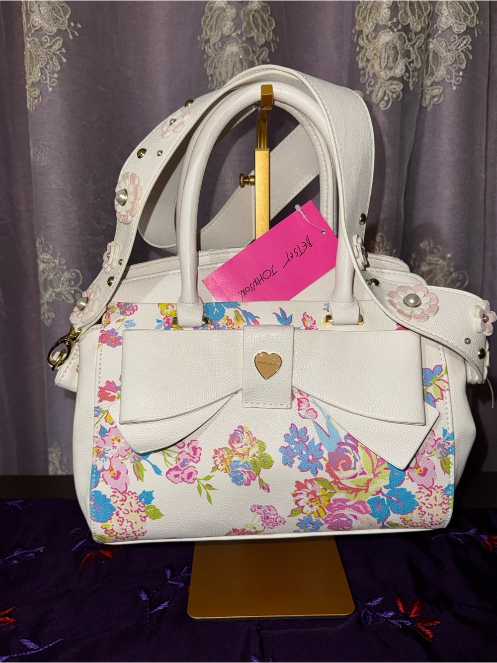 NWT Betsey Johnson 3D Floral Strap Pastel Bow Satchel Bag
